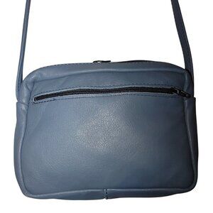 Leather Crossbody Small Blue Bag  Adjustable Strap Multiple Zippered Pockets